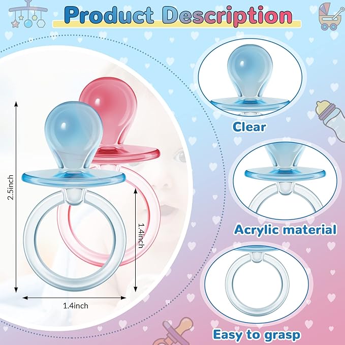 Jetec 48 Pieces 2.5 Inch Acrylic Baby Pacifiers Gender Reveal Party Decorations for DIY Baby Shower Birthday Party Favors(Blue, Pink)