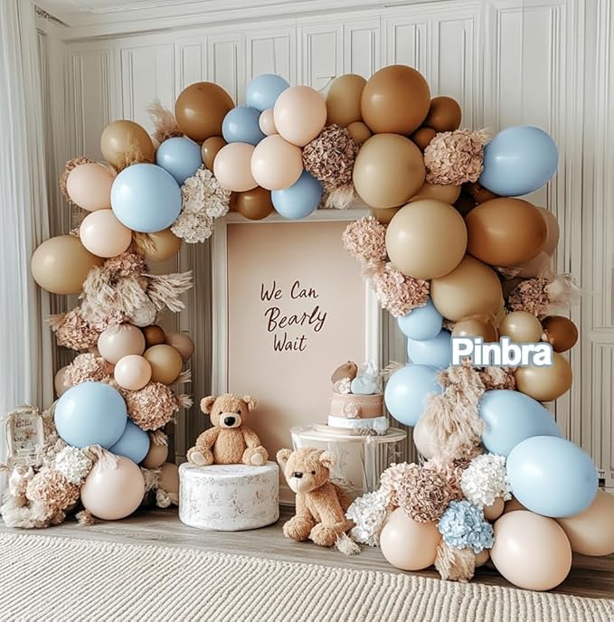 Brown And Blue Balloon Garland Double Stuffed Nude Tan Light Blue Beige Latex Balloon Arch Kit for Neutral Baby Shower Teddy Bear Gender Reveal Wedding Birthday Party Decorations