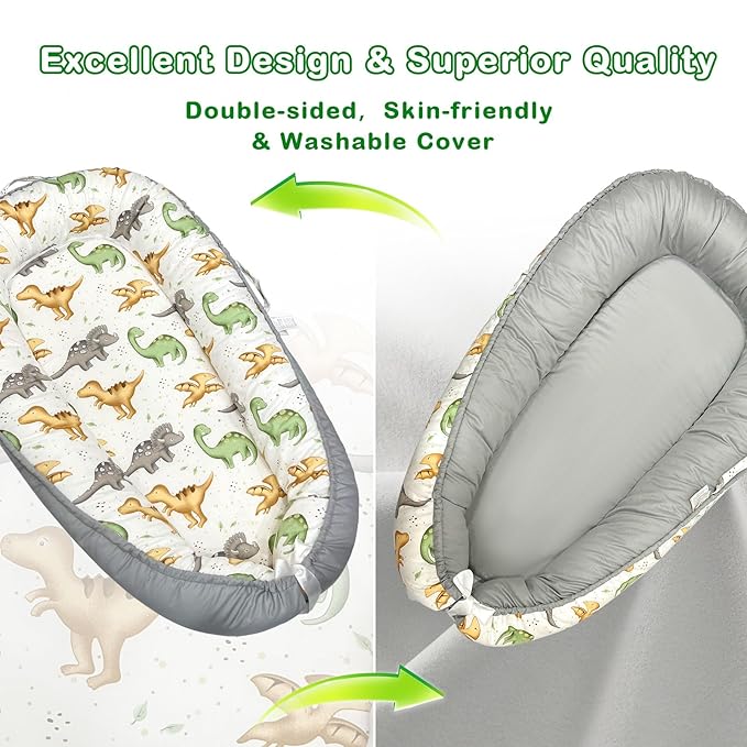 Baby Lounger for Newborn 0-24 Months, Baby Nest Cover Breathable and Soft Cotton, Infant Lounger with U-Shaped Safety Bumper for Cozy Comfort Essentials (Dinosuars)