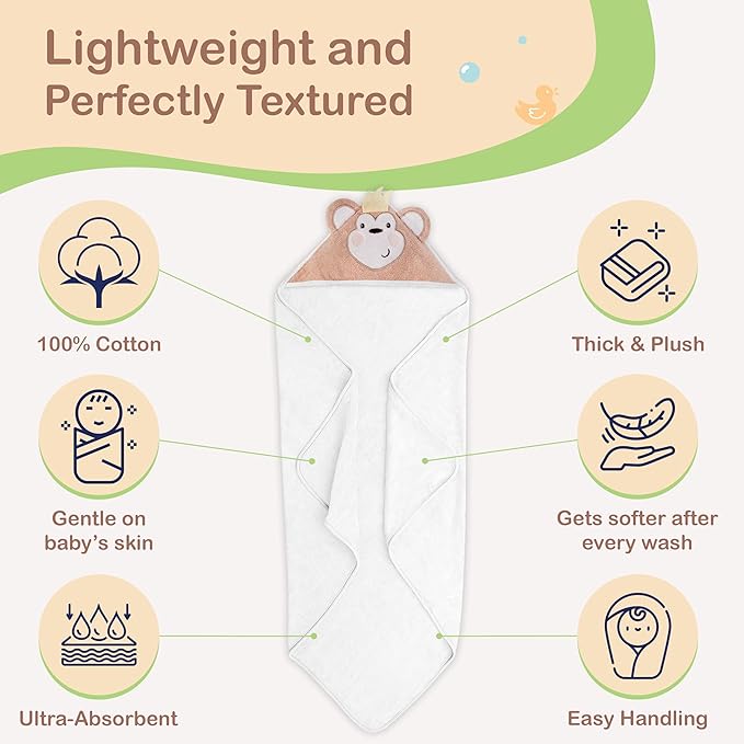 Mother's Choice Baby Hooded Towel - Large Size Cotton, Ultra-Soft & Absorbent Bath Towel for Newborns, Infants, Toddlers, Boys & Girls with Animal Hood (Monkey)