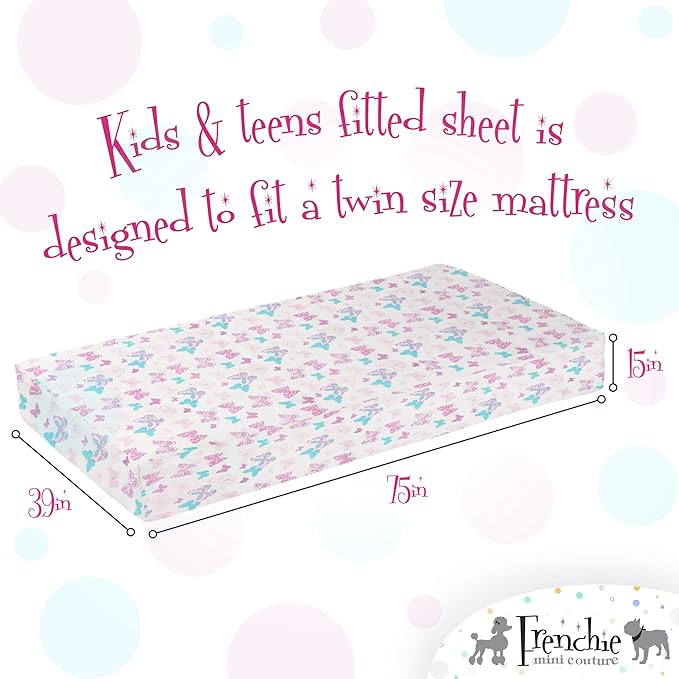 2-Piece Kids Twin Sheets Set, 100% Woven Cotton, Deep Pocket Bed Sheet 39 x 75 x 15in + Pillowcase 20 x 30, Butterfly (White)