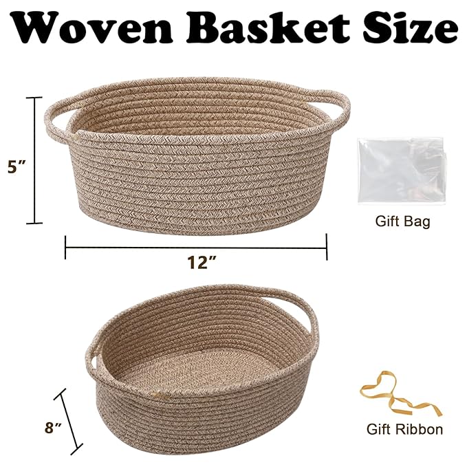 Gift Basket with Gift Bag and Ribbons,Small Rope Woven Shelf Storage,Baskets for Gifts Empty,Birthday,Shower,Decorative Organizer Box for Cat Dog Pet with Handles(Mixed Brown)