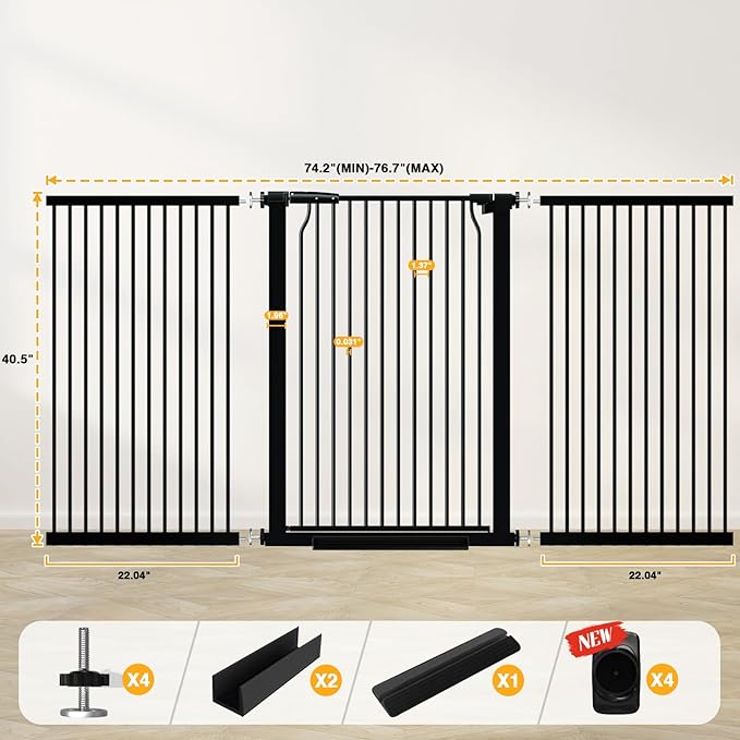 40.5" Tall Baby Gate 74-76.7" Wide No Drilling Tall Pet Gate Cat Gate Extra Wide Baby Gate Safety,Extra Narrow Auto-Close for Indoor Stairs, Doorways, and Kitchen