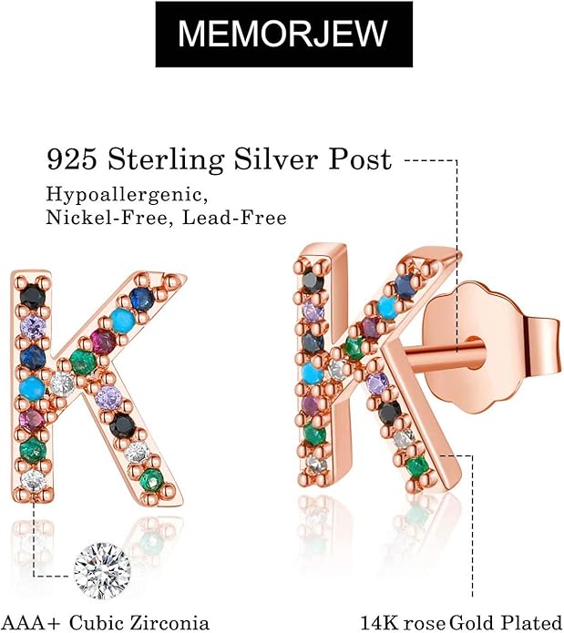 Memorjew Initial Stud Earrings for Women, Hypoallergenic 925 Sterling Silver Post Rainbow Cubic Zirconia Gold Plated 26 Initial Earrings for Women Jewelry Gifts
