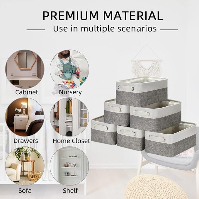 HNZIGE Small Organizer Bins for Shelf,Small Fabric Collapsible Baskets for Organizing Nursery Linen Canvas,Set of 6 Decorative Storage Basket for Storage Closet Toy(White&Gray, 11.8" x 7.8" x 5.1")