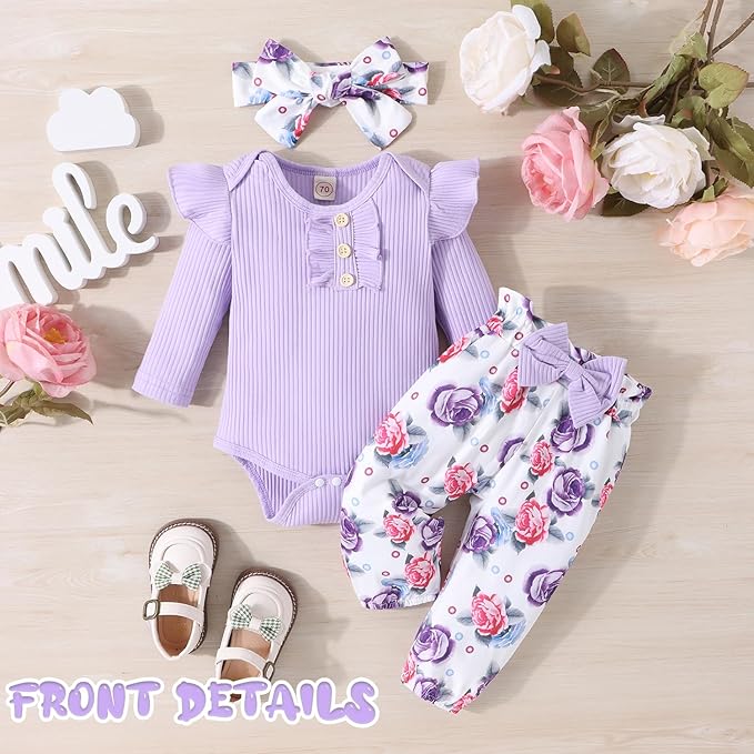 Baby Girl Clothes Newborn Infant Outfits Ruffle Romper+ Floral Pants + Cute Headband Sets for Girls