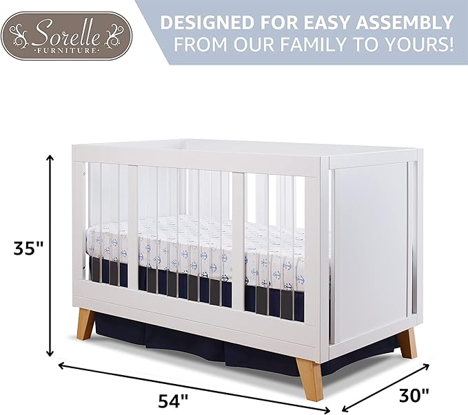 Sorelle Furniture Uptown Panel Crib, Modern Wood and Clear Acrylic Baby Crib, Made of Wood and Easy to Clean Acrylic, Non-Toxic Finish, Contemporary Baby Bed-White and Natural Wood