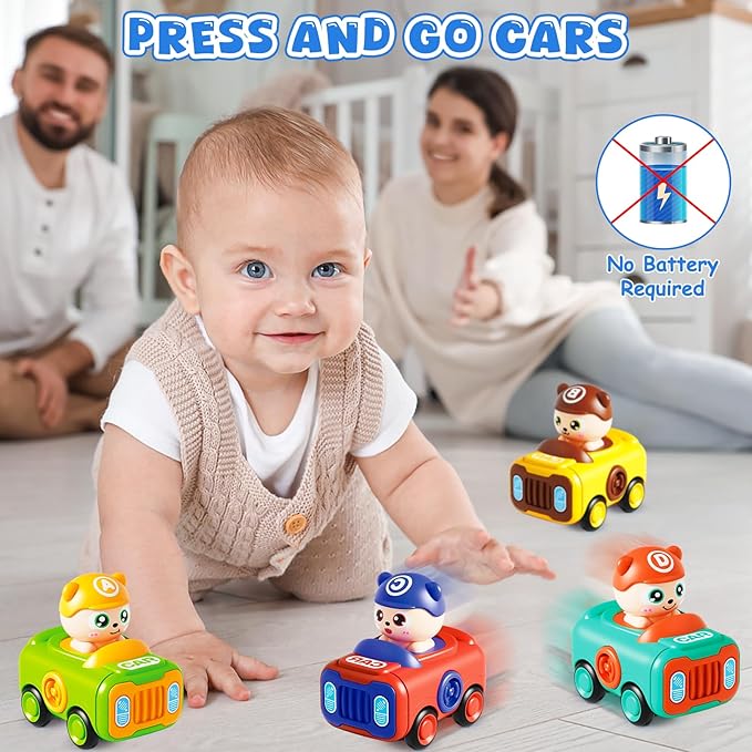 Baby Car Toys for Toddler 1-3, 4PCS Press to Go Push Car, Infant Play Whistle Vehicle Toy Set for 12-18 Months, 1st Birthday Christmas Easter Gifts for 1-2 Years Old Boys