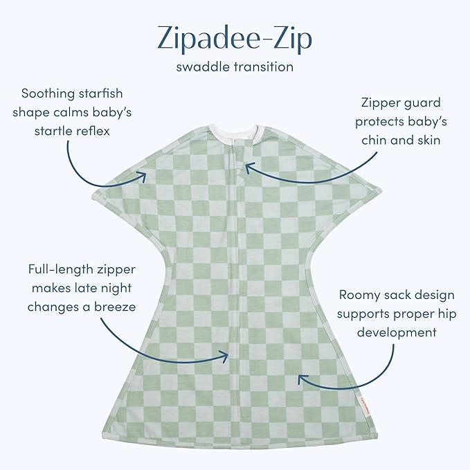 SleepingBaby Zipadee-Zip Transition Swaddle - Cozy Baby Swaddle Blanket with Zipper Convenience - Roomy Wearable Blanket for Easy Diaper Changes - Sea Green/Blue, Small (4-8 Month)