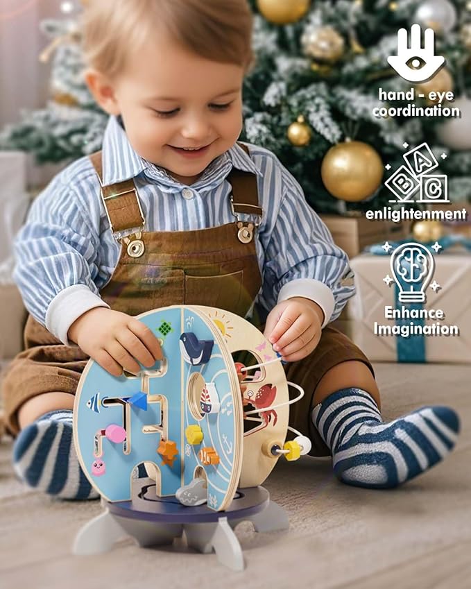 Timber Lulu 1 Year Old Boy Gifts, Ocean Wooden Activity Cube for Baby, Montessori Busy Board Toys for 1 Year Old Boy, Sensory Educational Toys for Toddlers, 1st Birthday Gifts Boy & Girl