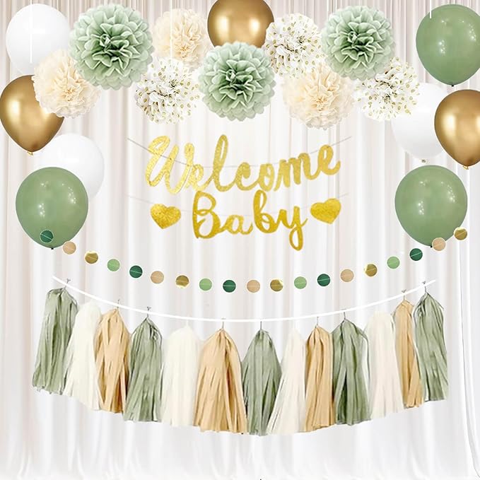 Baby Shower Decorations Neutral Sage Green and Gold Party- Welcome Baby Banner,Balloons,Tissue Pom Poms,Circle Dot & Tassel Garland- Baby Gender Reveal Birthday Woodland Themes Décor