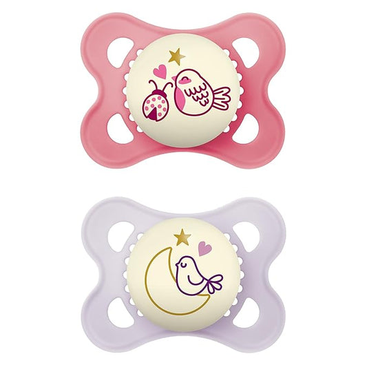 MAM Original Night, Binky for 0-6 Months, BPA-Free Silicone, Glows in The Dark, Best for Newborn Babies, Developed with Medical Experts, 2 Count Binkies, with Sterilizer Case