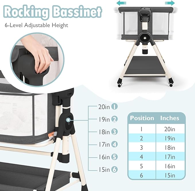 Baby Bassinet, Rocking Bassinet, 3 in 1 Bassinets Bedside Sleeper with Musical Toys, Bedside Bassinet for Baby with Storage Basket and Wheels, Adjustable Bedside Crib for Newborn (Black)