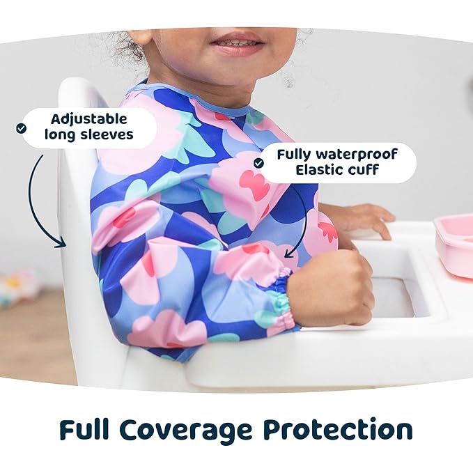 Tiny Twinkle Mess Proof Baby Bib,Waterproof Smock Baby Bib for Eating,Machine Washable Long Sleeve Bib,Baby Led Weaning,Toddler Bib,BLW Supplies(Floral Blue, Large 2-4 Years)