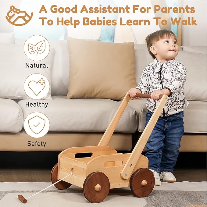 Wooden Baby Walker, Adjustable Speed Baby Push Walker, Montessori Push Toys for Babies Learning to Walk, Educational Walking Toys Gift for Toddler Boys Girls 1 2 3 Years Old