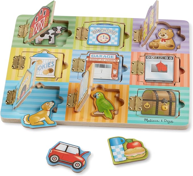 Melissa & Doug Wooden Hide & Seek Activity Board – Montessori Busy Board with Hinges, Doors & 9 Wooden Magnetic Puzzles, Educational Preschool Learning Toy for Toddlers & Kids Ages 3+