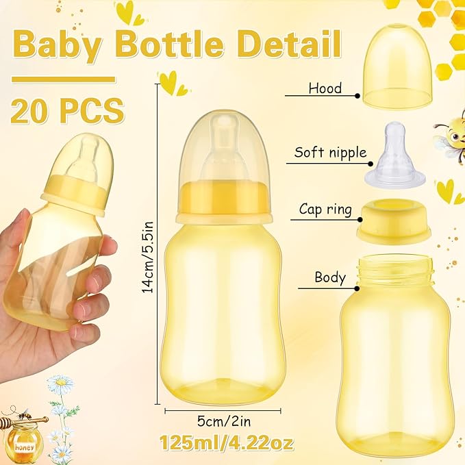TrelaCo Bottle Chug Baby Shower Game 20 Pcs Baby Bottles Shower Favor with 1 Bee Theme Sign for Gender Reveal Party Supplies Gifts(Yellow)