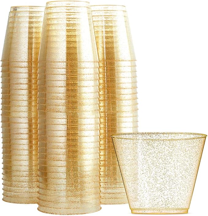 WDF 200pcs 9OZ Gold Cups,Disposable Premium Wedding Gold Glitter Plastic Cups for Thanksgiving Party