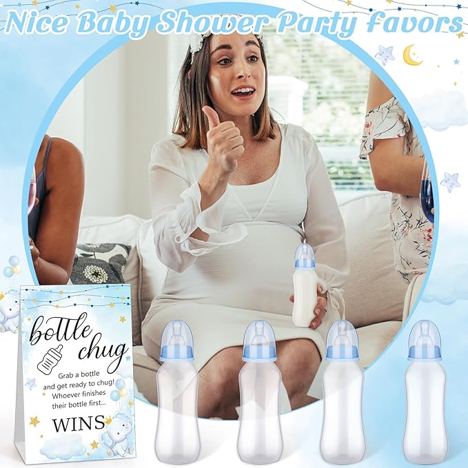 TrelaCo Cool Baby Shower Games Sets 12 Pcs Feeding Bottles with 1 Bottle Chug Sign for Gender Reveal Baby Shower Party Favors Decoration Games(Elephant,Blue)