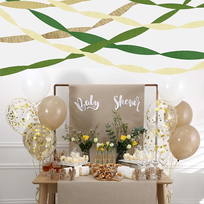 Green Gold Crepe Paper Streamers Party Decorations (5 Rolls) for Birthday, Camp Bachelorette, Baby Shower, Wedding, Bridal Shower, Jungle Safari Woodland Theme Party, Hanging Classroom Décor