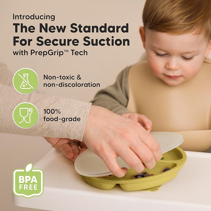 KeaBabies Suction Plates with Lids for Baby - 3-Pack 100% Silicone Toddler Plates with Suction, Divided, BPA-Free Baby Led Weaning Essentials for Kids, Dishwasher, Microwave Safe, Durable (Olives)