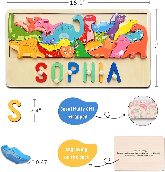 Name Puzzle for Kids Personalized, First Birthday for Baby Boy Girl, Wooden Name Puzzles for Toddlers 1-3, Educational Toys for 1 Year Old (Dinosaur)