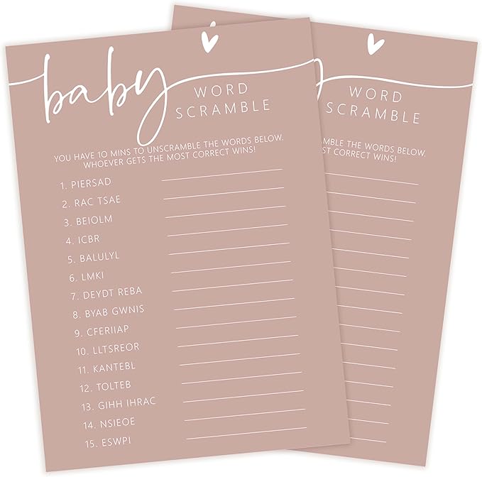 Baby Shower Games - Pink Baby Word Scramble + 1 Answer Card, 30 Sets Gender Reveal Party Decorations - F07