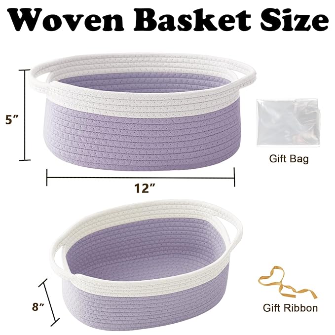 Gift Basket with Gift Bag and Ribbons,Small Rope Woven Shelf Storage,Baskets for Gifts Empty,Birthday,Shower,Decorative Organizer Box for Cat Dog Pet with Handles(White&Purple)