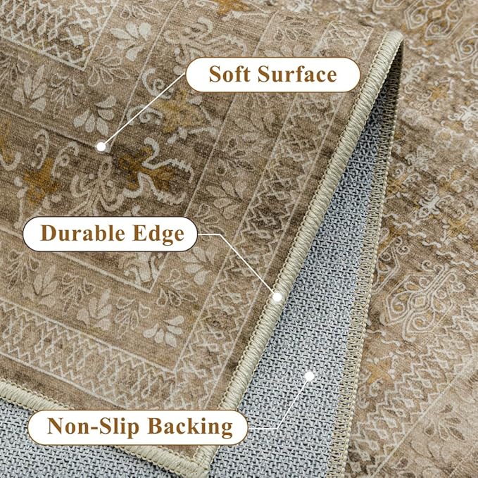 Brown 9x12 Area Rug for Living Room Washable Vintage Large Distressed Carpet Bedroom Low Pile Non Slip Indoor Soft Retro Throw Accent Rug Office Kitchen Bathroom Dining Room