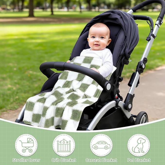 Checkered Baby Blanket for Boys Girls, 2 Pack Soft Baby Boy Girl Blankets, Small 28 x 40 inches Toddler Fleece Blanket, Essentials Crib Stroller Items, Newborn Gift (Green)