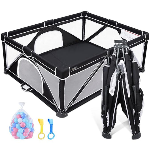 ANGELBLISS Baby Playpen, Foldable Playpen for Babies and Toddlers, Indoor & Outdoor Baby Activity Center with Visible Breathable Mesh, Portable Play Yard with 2 Handlers+50 Balls (Black, 71 * 79)