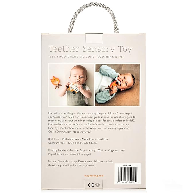 Lucy Darling Little Camper Baby Teether Set – 2 Textured Silicone Teething Toys (Camper & Campfire) for Babies 3–6 Months | BPA-Free, Easy to Hold & Clean | Baby Registry & Shower Gift