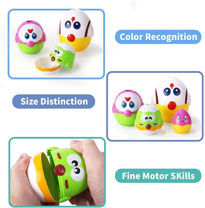 MOONTOY Easter Eggs Matching Egg Toys for Toddlers, 8PCS Chicken Toys for Kids Shape Sorter Stacking Nesting Dolls Sensory Learning Speech Therapy Birthday Gift 18+ Months, Easter Basket Stuffers