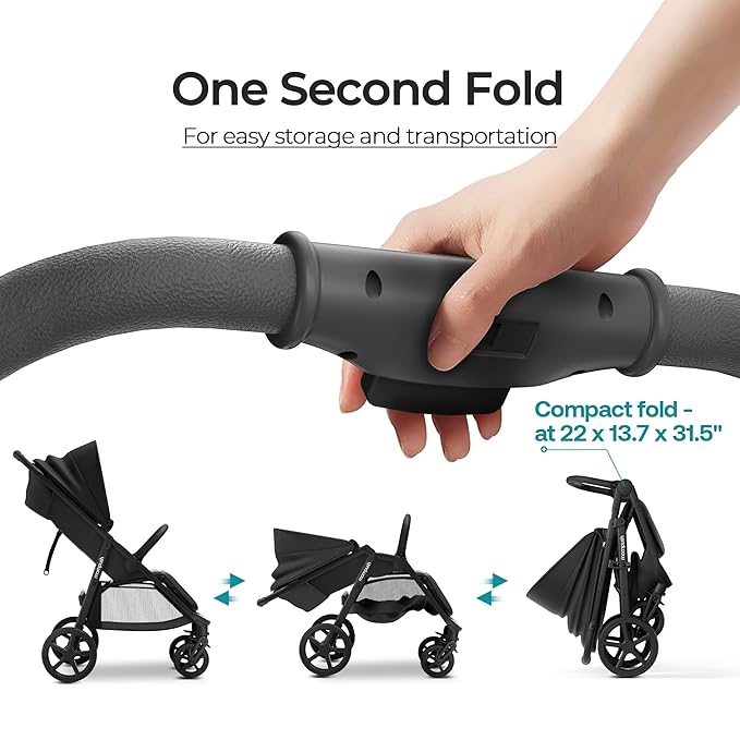 Mompush Nova Baby Stroller for Toddler, Infant & Newborn | Spacious Seat & Lie-Flat Mode | Compact One-Hand Fold, UPF 50+ Canopy & All-Wheel Suspension | Includes Rain Cover & Cup Holder
