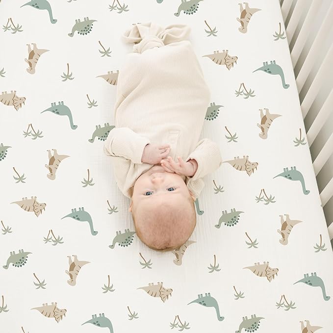 Konssy Muslin Crib Sheets for Boys, Soft Cotton Neutral Baby Sheets for Standard Crib Mattress 2 Pack, 52"x28" (Dino Jungle,Sage Dino)