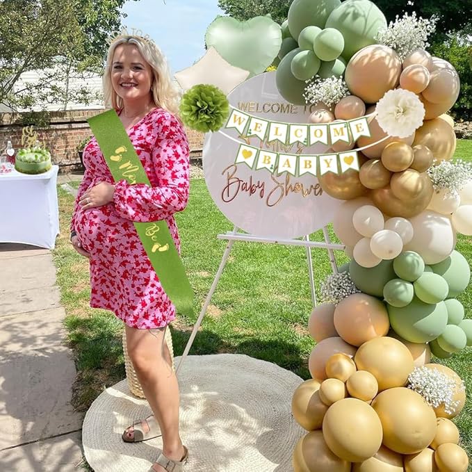 Baby Shower Decorations, Sage Green Woodland Gender Neutral Baby Shower Decor with Welcome Baby Banner, Balloons, Fringe Curtain Tablecloth, Sash Tiara, Pom Poms, Gender Reveal Bday Party Decorations