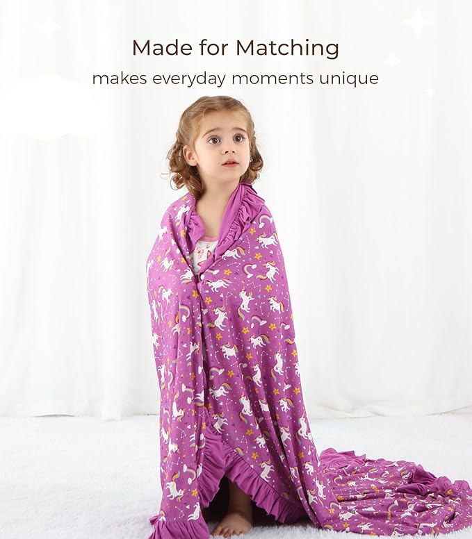 Premium Baby Blanket for Girls, Stretchy Quilt, Soft Crib Bedding for Newborn Baby and Toddler, Ruffle Nursery Blanket for Kids, Viscose Made from Bamboo 50''x50'' Purple Unicorn