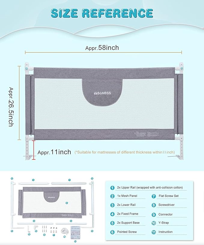 MBQMBSS 58'' Bed Guard Rail for Toddlers, Baby Bed Rails - Fit for Wide Side of Queen Bed, Adjustable Rail Guard, Bed Rails for Kids with Double Safety Lock & Extra Y-Shaped Reinforcement Strap