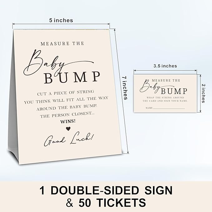 Beige Baby Shower Measure The Baby Bump, Measure Mommy's Belly Game Set - 1 Self-Standing Sign And 50 Tickets - Gender Reveal, Baby Shower, Baby Announcement Activity & Party Favor Supplies - A14