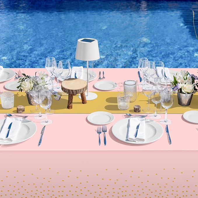 8Pack Disposable Plastic Tablecloths and Satin Table Runner Set Pink and Gold Dot Tablecloth Gold Satin Table Runner for Wedding Birthday Baby Shower Anniversary Christmas New Year Party Supplies