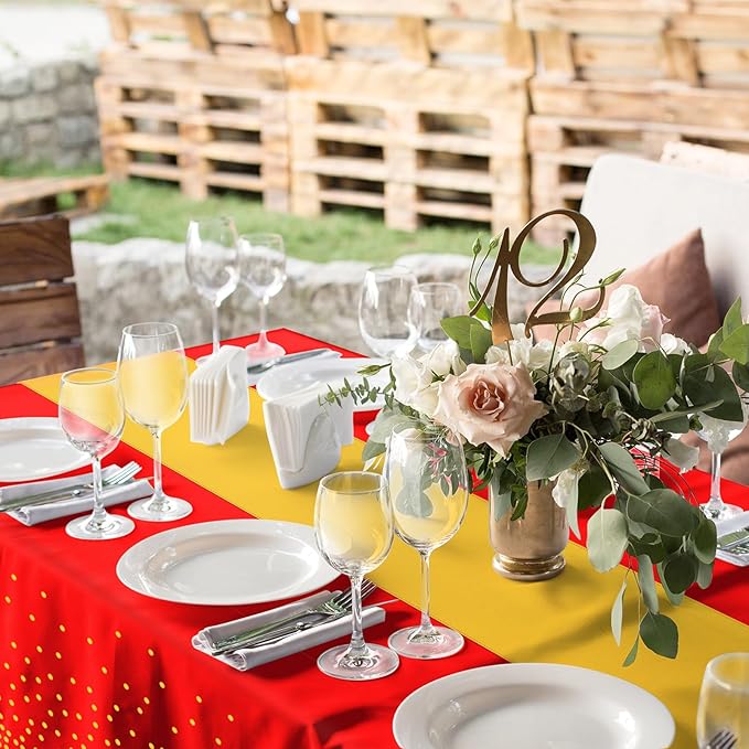 8Pack Disposable Plastic Party Tablecloths and Satin Table Runner Set Red and Gold Dot Table Cloth Gold Satin Table Runner for Wedding Birthday Baby Shower Anniversary Holiday Party Decorations