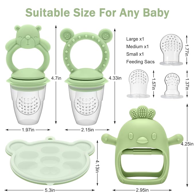 4 Pack Silicone Teething Mitten for Babies with Baby Fruit Food Feeder & Freezer Tray Set, BPA Free Infant Teething Relief Toy for 3 Month+, Additional Silicone Sacs