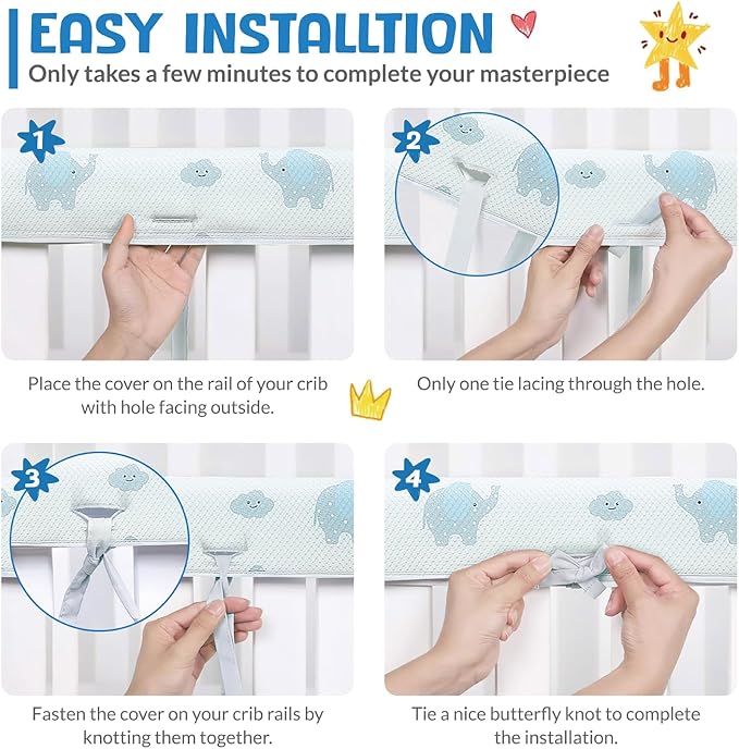 3 in 1 Crib Rail Covers for Teething,Soft Breathable Anti-Collision Crib Teething Rail Cover Edge Protector Strip(2025 New) (White-elepants)
