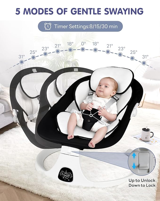 Electric Baby Swings for Infants to Toddler Baby Swing with 5-Speed 3-Seat Positions 5-Point Carabiner,with Bluetooth Music 10-Preset Melodies (Black White)