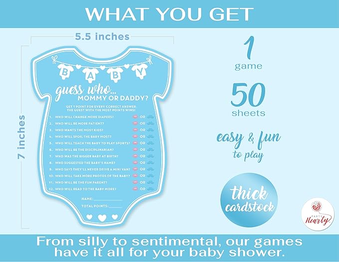 Party Hearty Baby Shower Games for Boy, 50 pcs Blue Mommy or Daddy Guess Who Game, Fun Activity Cards, Baby Shower Ideas