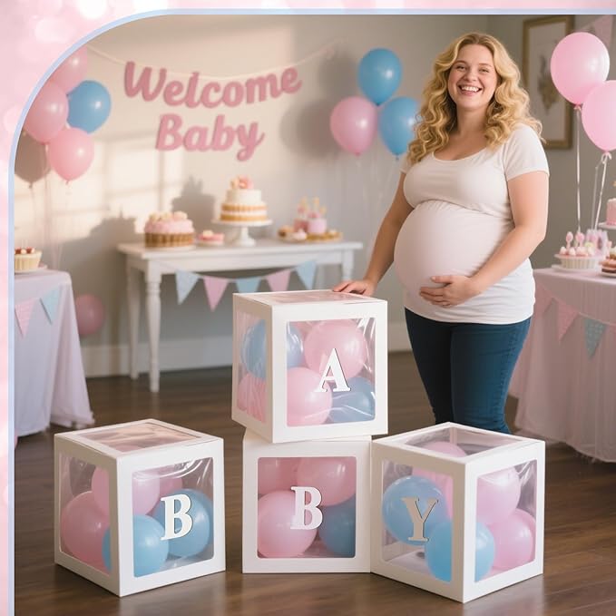 Ledido Baby Boxes with Letters for Baby Shower Decorations, 4 pcs Clear Baby Balloon Boxes Blocks for Baby Shower Decor with Letters for Boy Girl Gender Reveal Decorations Backdrop Party (White)