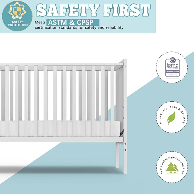 Baby Crib 5-in-1 Convertible, Wood Full Size Toddler Bed for Small Baby, Made of Sustainable Natural Pinewood Cribs, Non-Toxic Finish, Simplistic Nursery Furniture (White)