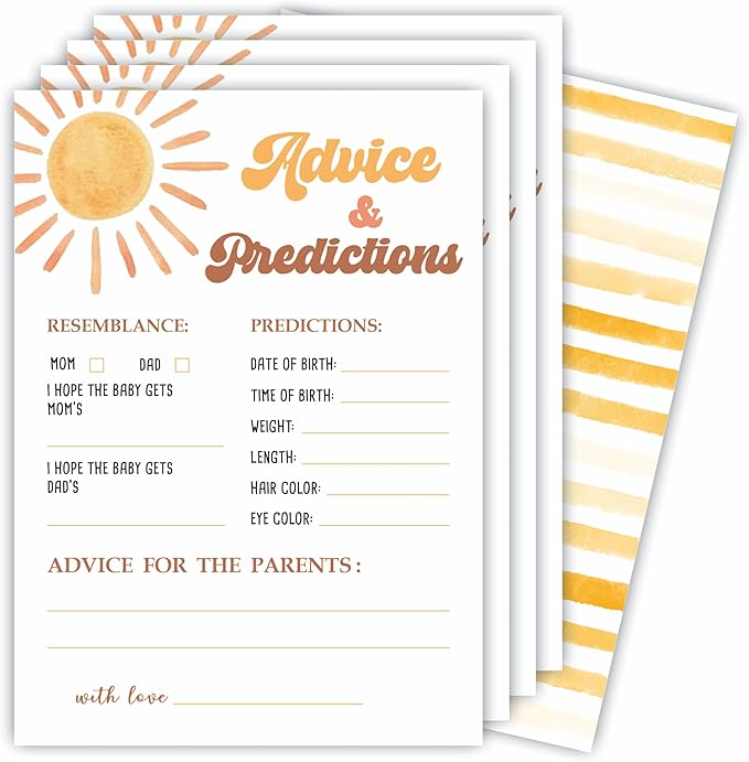 Prediction & Advice Game Set For Baby Shower - Watercolor Sunshine - 30 Double-Sided Fill In Style Game Cards For Gender Reveal, Baby Announcement, Party Favor & Supplies - B01