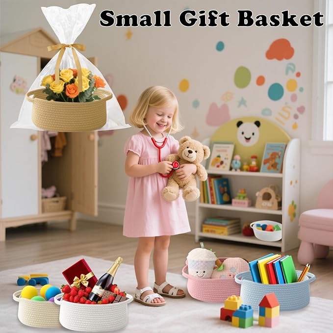 Gift Basket with Gift Bag and Ribbons,Small Rope Woven Shelf Storage,Baskets for Gifts Empty,Birthday,Shower,Decorative Organizer Box for Cat Dog Pet with Handles(Jute)