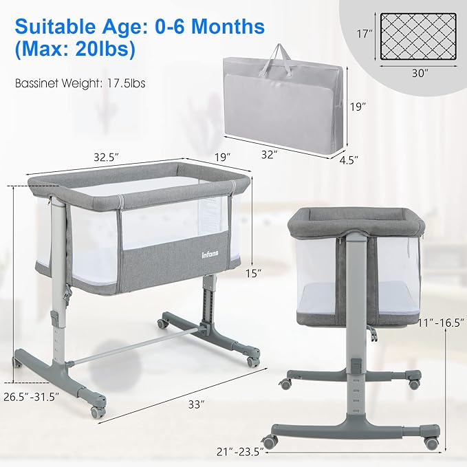 INFANS 3 in 1 Baby Bassinet, Bedside Sleeper for Newborn, Folding Crib with Mattress, Travel Bag, Wheels, 4-Sided Mesh, Easy to Assemble Cradle Co Sleeper Stationary, Rock (Light Grey)